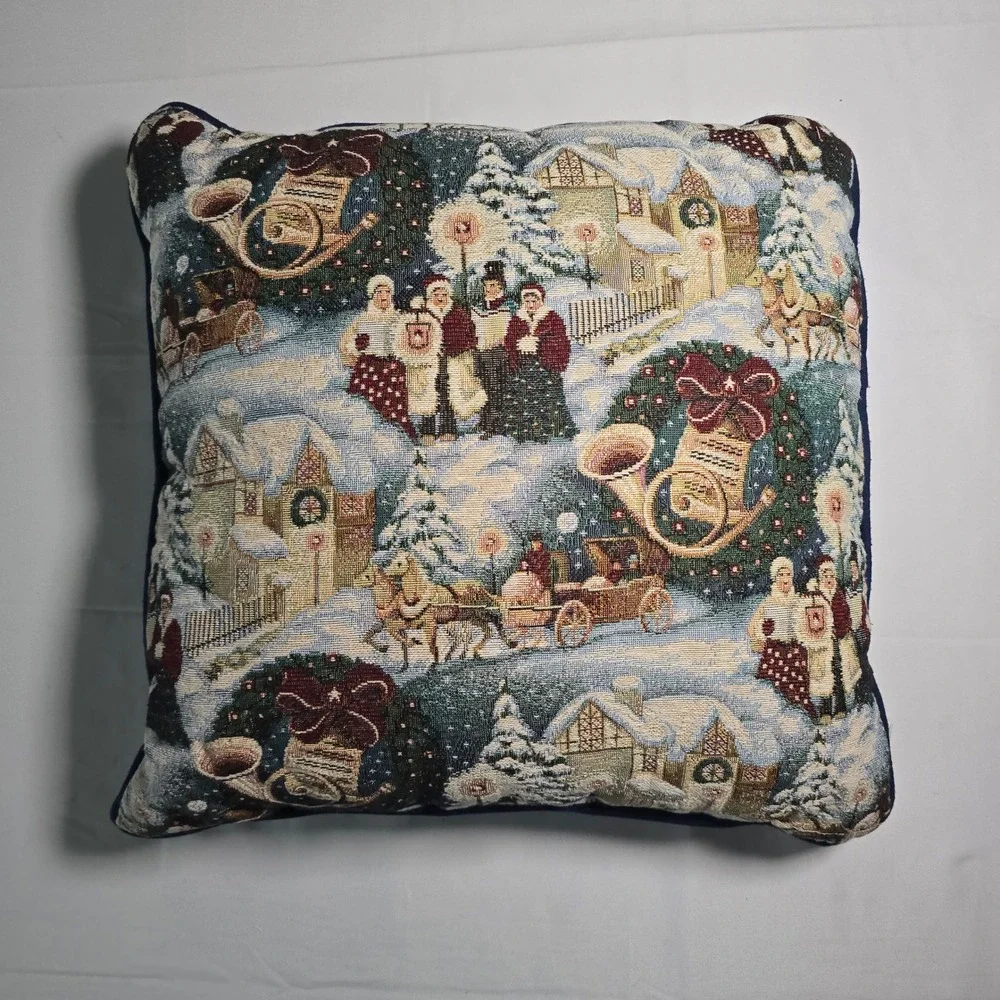 Vintage Riverdale Christmas Tapestry Pillow Victorian Caroler Winter Scene 12x12